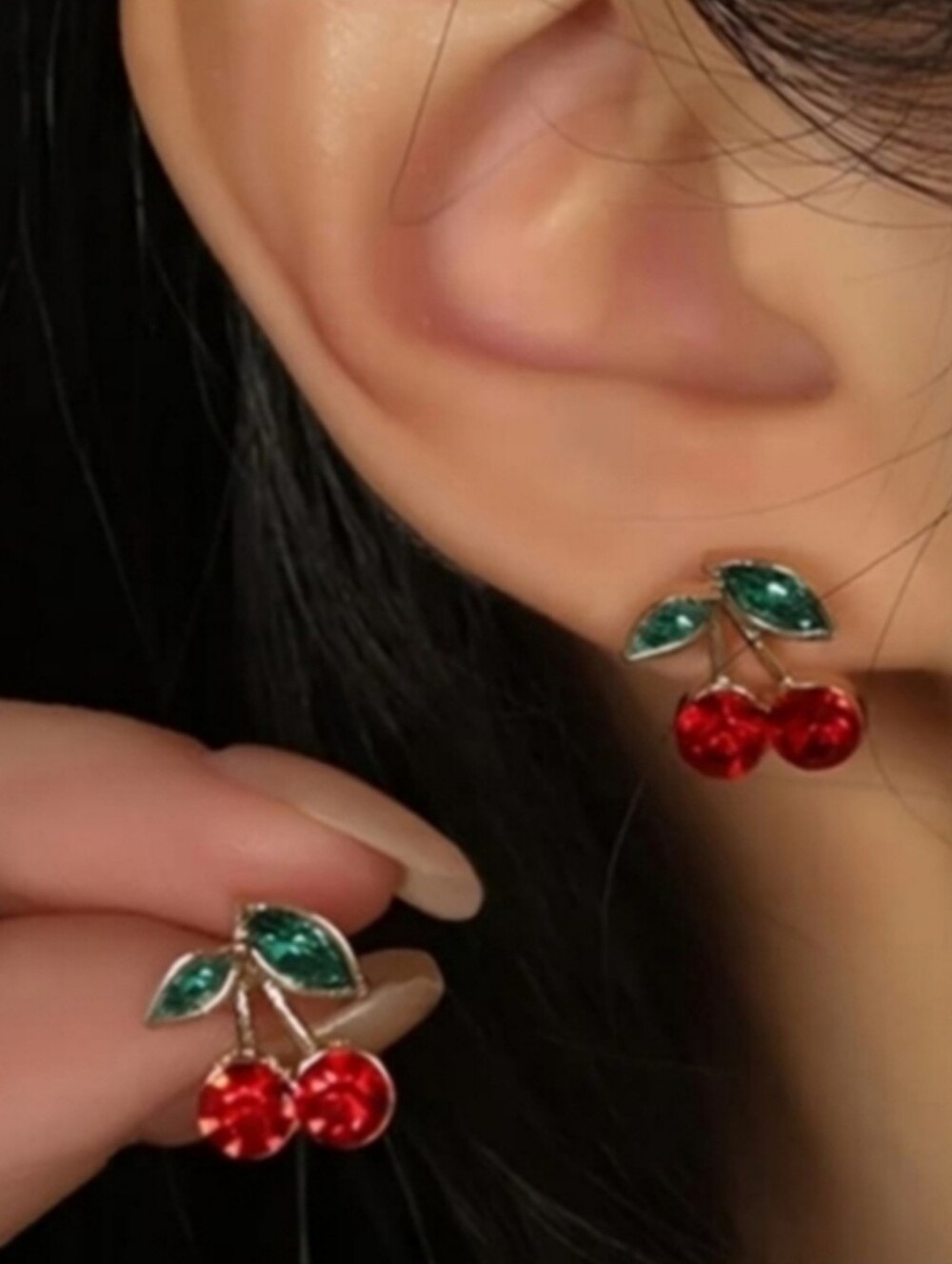Cherry Stud Earrings Red Gold Tone Zircon Cute Fruit